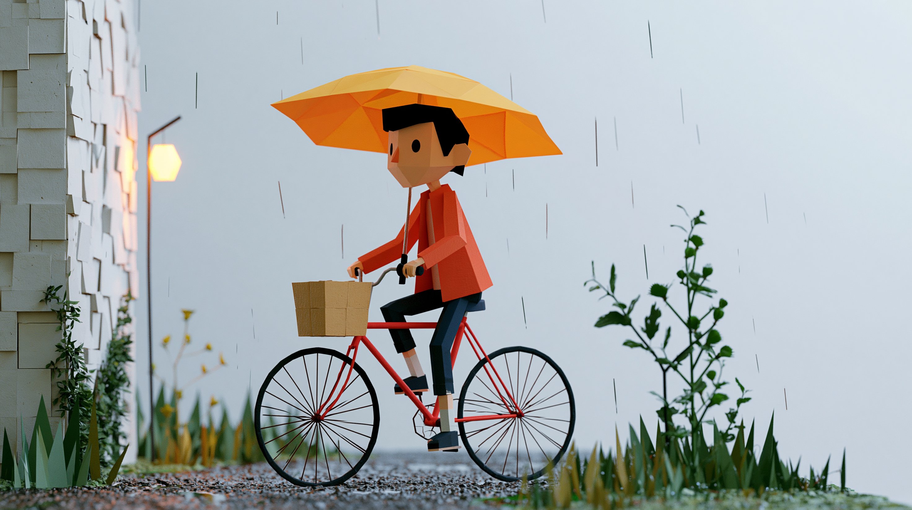 参考图 1 · 雨中骑车撑伞的男孩
